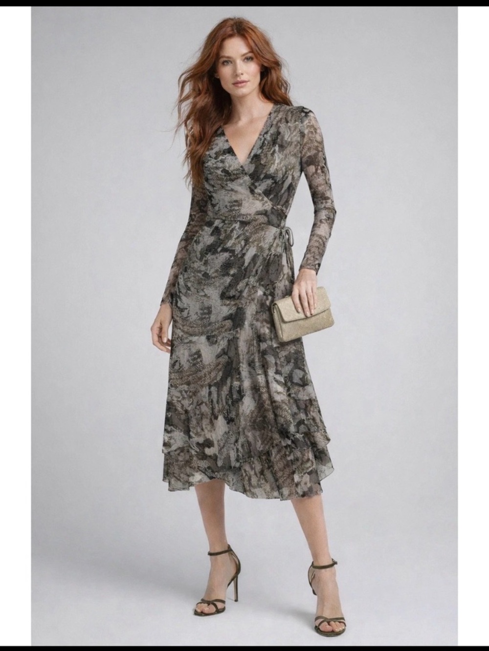 White House black market green snake print mesh layered wrap midi dress